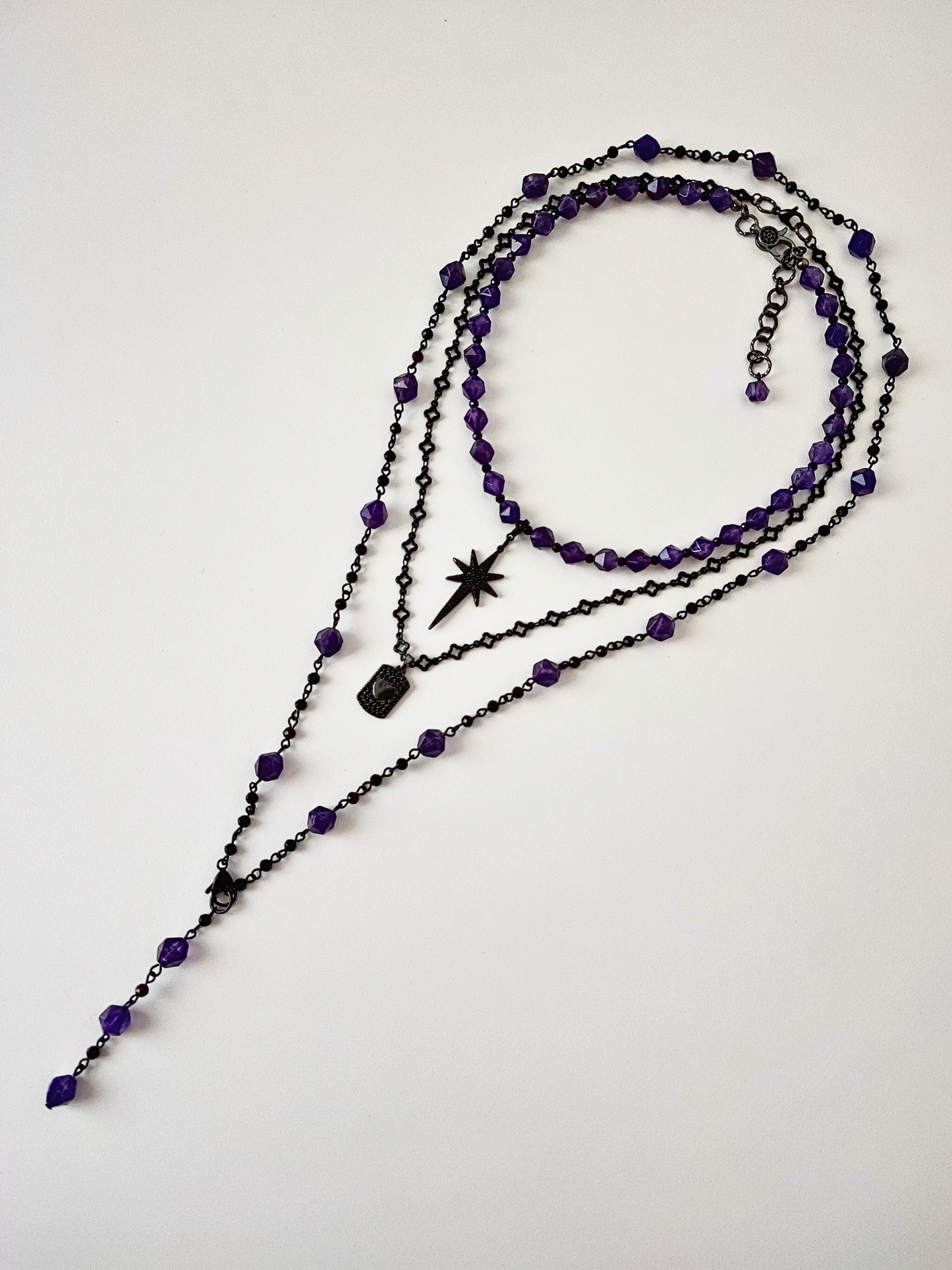 Elegant Amethyst & Gunmetal Layered Necklace Set – Black Tourmaline & Agate | Gothic Statement Jewelry