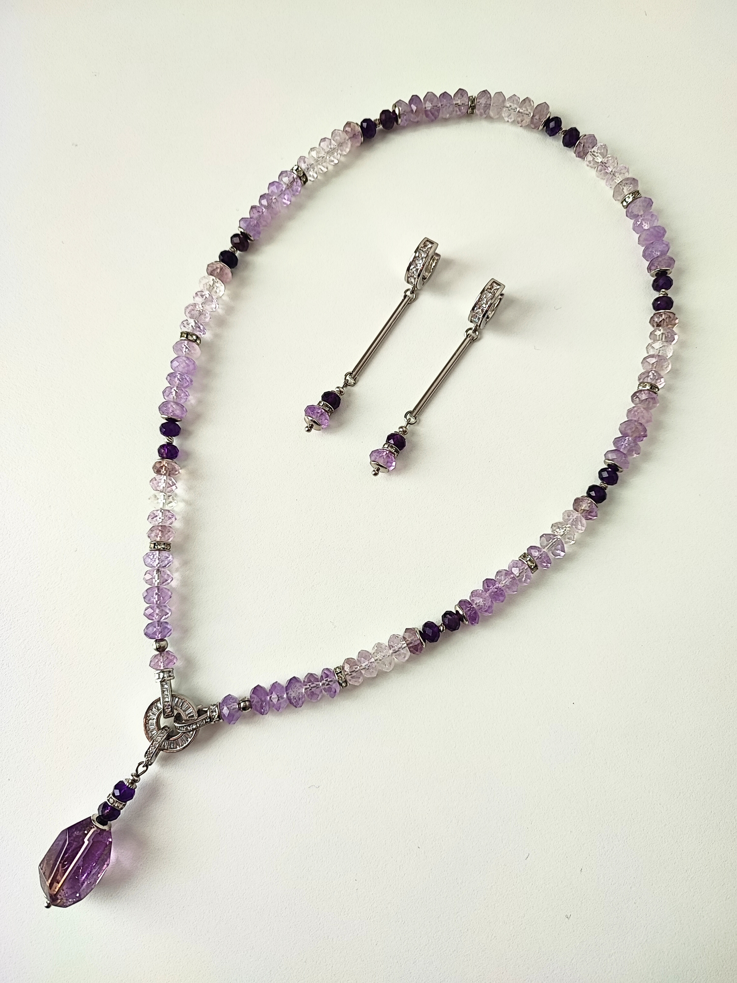Elegant Rhodium-Plated Necklace & Earrings Set with Natural Amethyst and Beads with Zircon  - Unique Handmade Jewelry