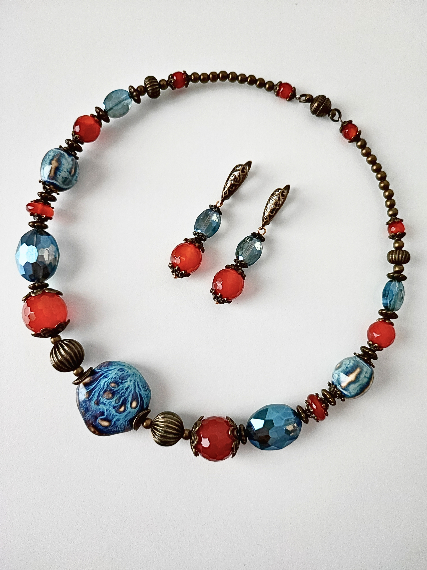 Handcrafted Necklace and Earrings Set with Faceted Agates, Ceramic, Crystal Glass, Antique Bronze. Unique Jewelry