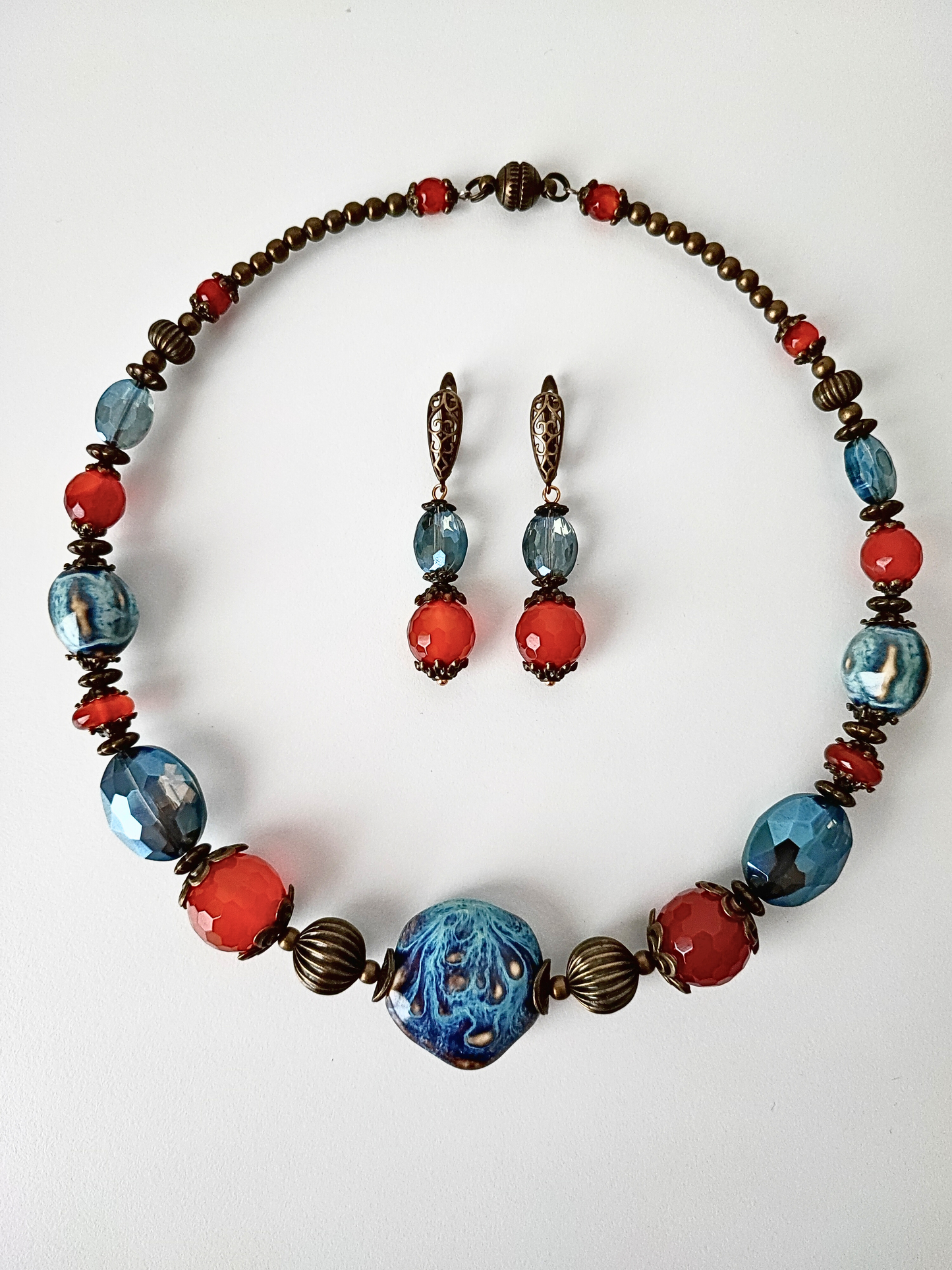 Handcrafted Necklace and Earrings Set with Faceted Agates, Ceramic, Crystal Glass, Antique Bronze. Unique Jewelry
