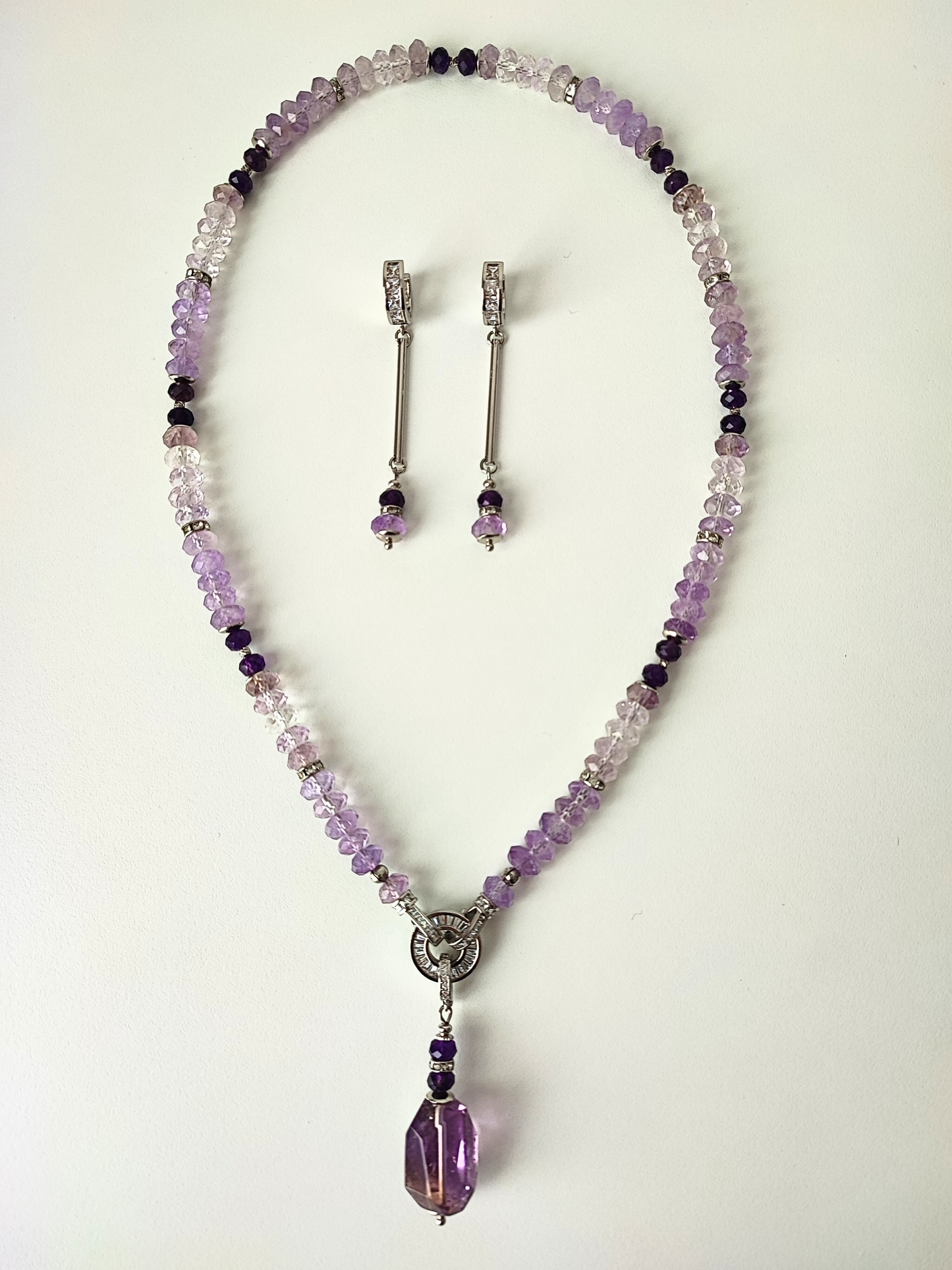 Elegant Rhodium-Plated Necklace & Earrings Set with Natural Amethyst and Beads with Zircon  - Unique Handmade Jewelry