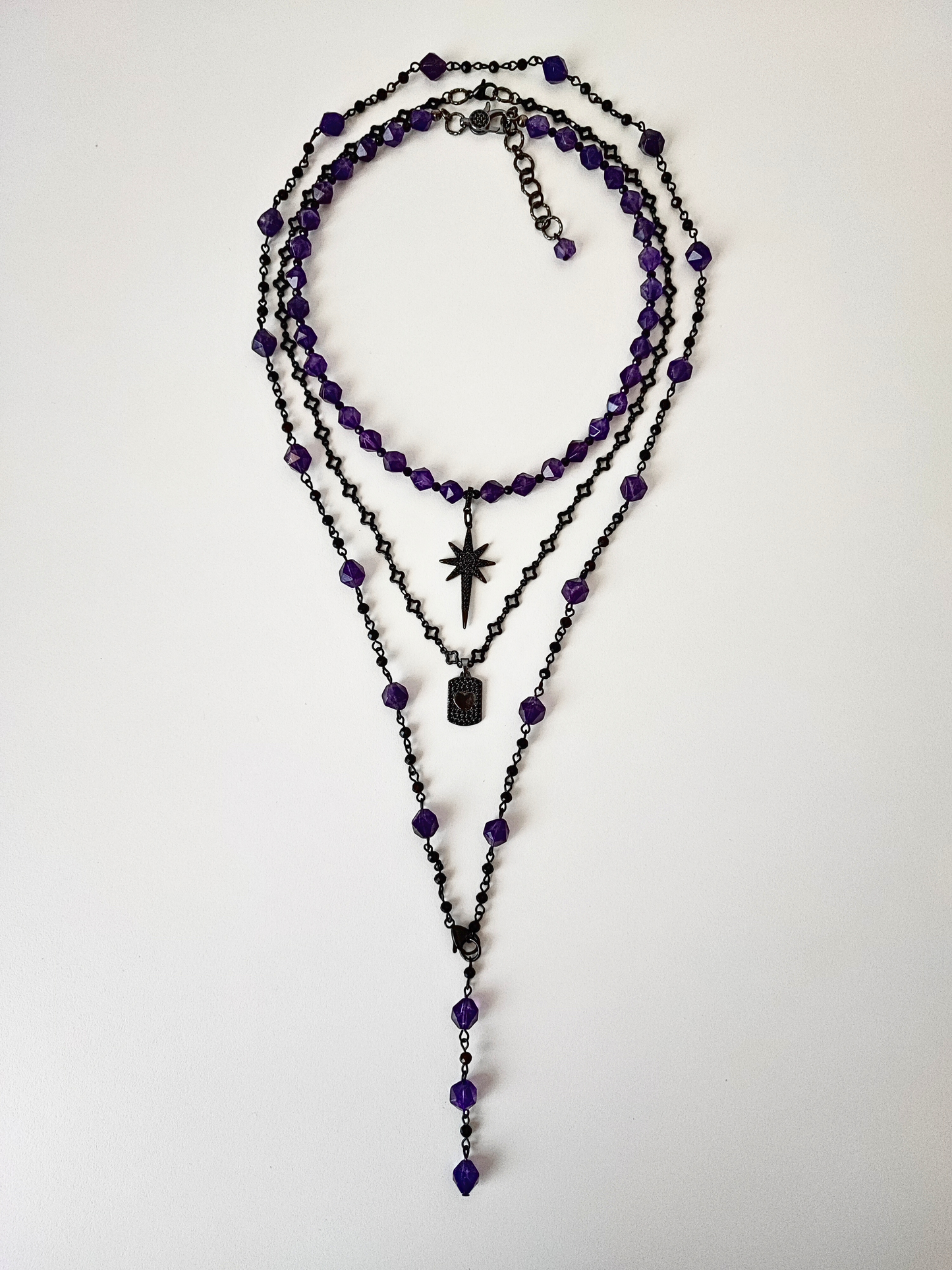 Elegant Amethyst & Gunmetal Layered Necklace Set – Black Tourmaline & Agate | Gothic Statement Jewelry
