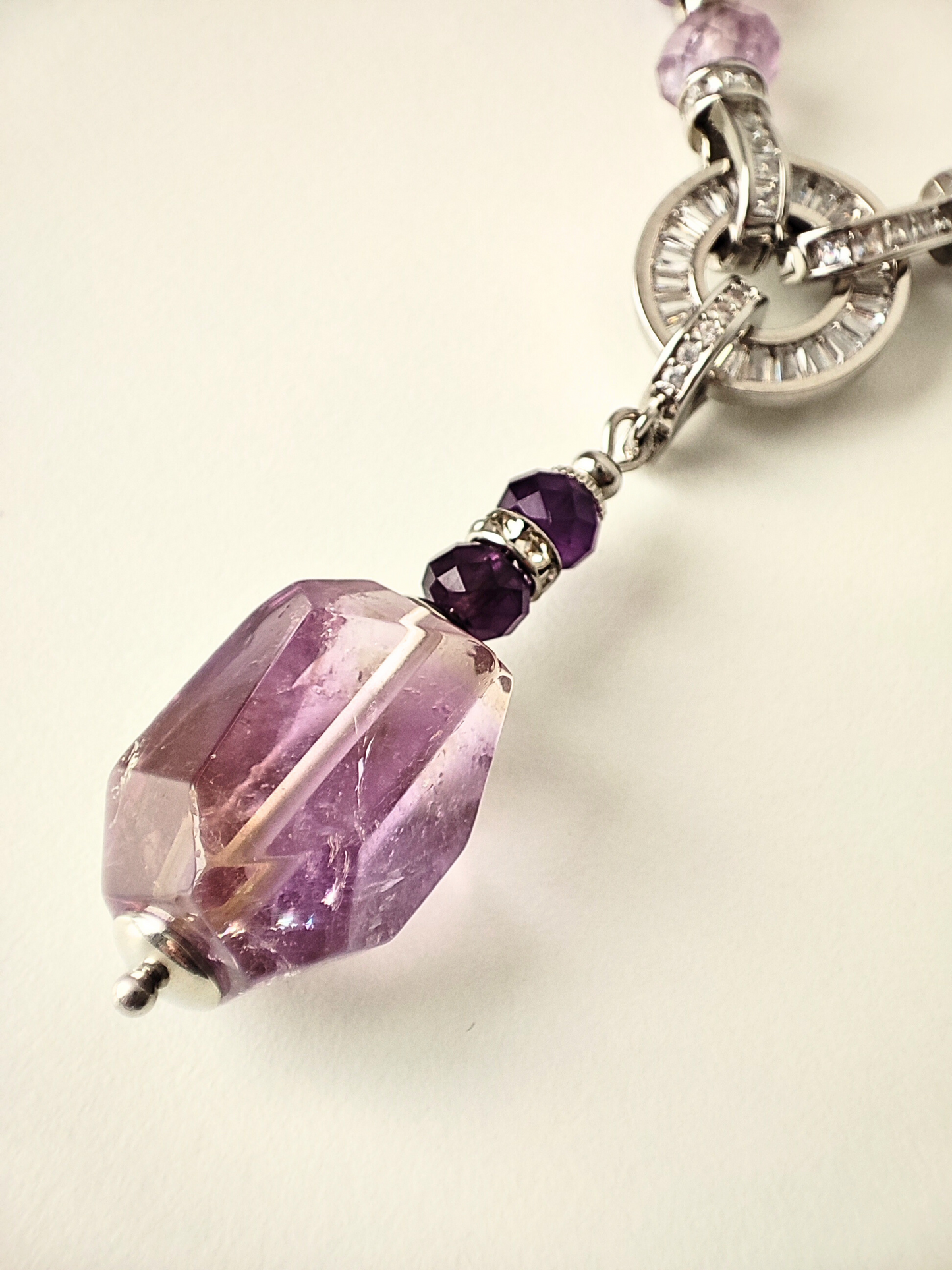 Elegant Rhodium-Plated Necklace & Earrings Set with Natural Amethyst and Beads with Zircon  - Unique Handmade Jewelry