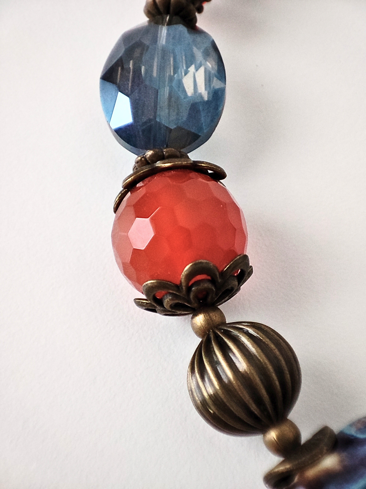 Handcrafted Necklace and Earrings Set with Faceted Agates, Ceramic, Crystal Glass, Antique Bronze. Unique Jewelry