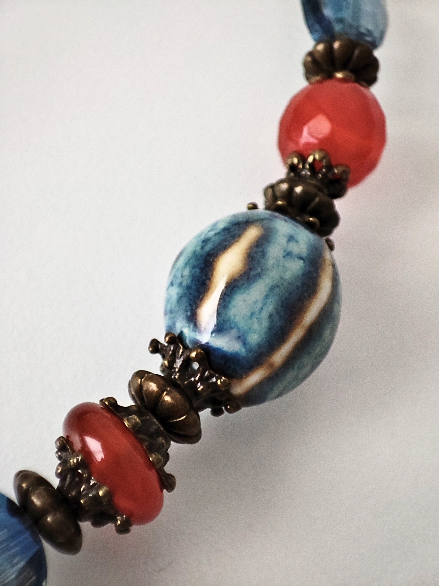 Handcrafted Necklace and Earrings Set with Faceted Agates, Ceramic, Crystal Glass, Antique Bronze. Unique Jewelry
