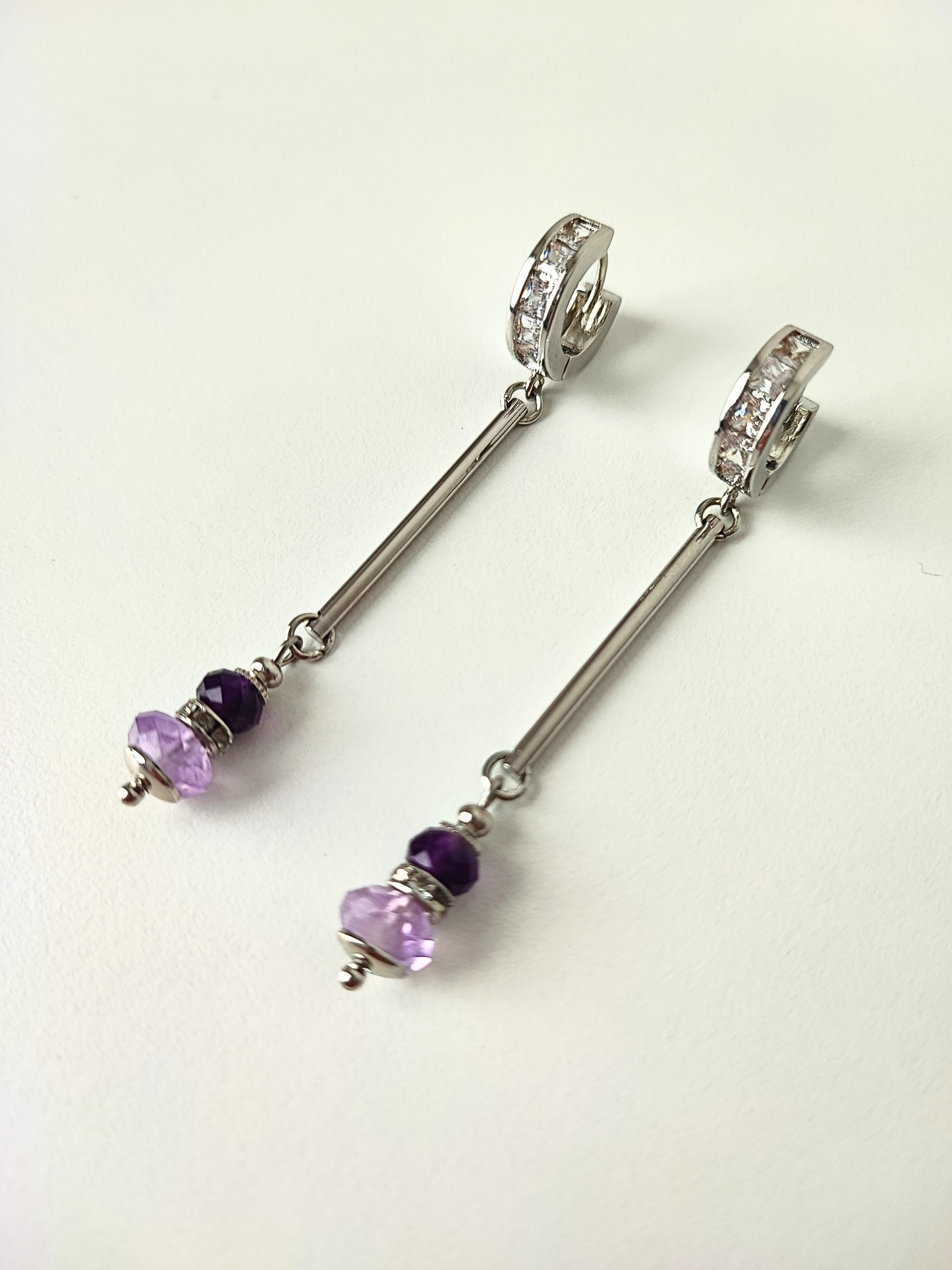 Elegant Rhodium-Plated Necklace & Earrings Set with Natural Amethyst and Beads with Zircon  - Unique Handmade Jewelry