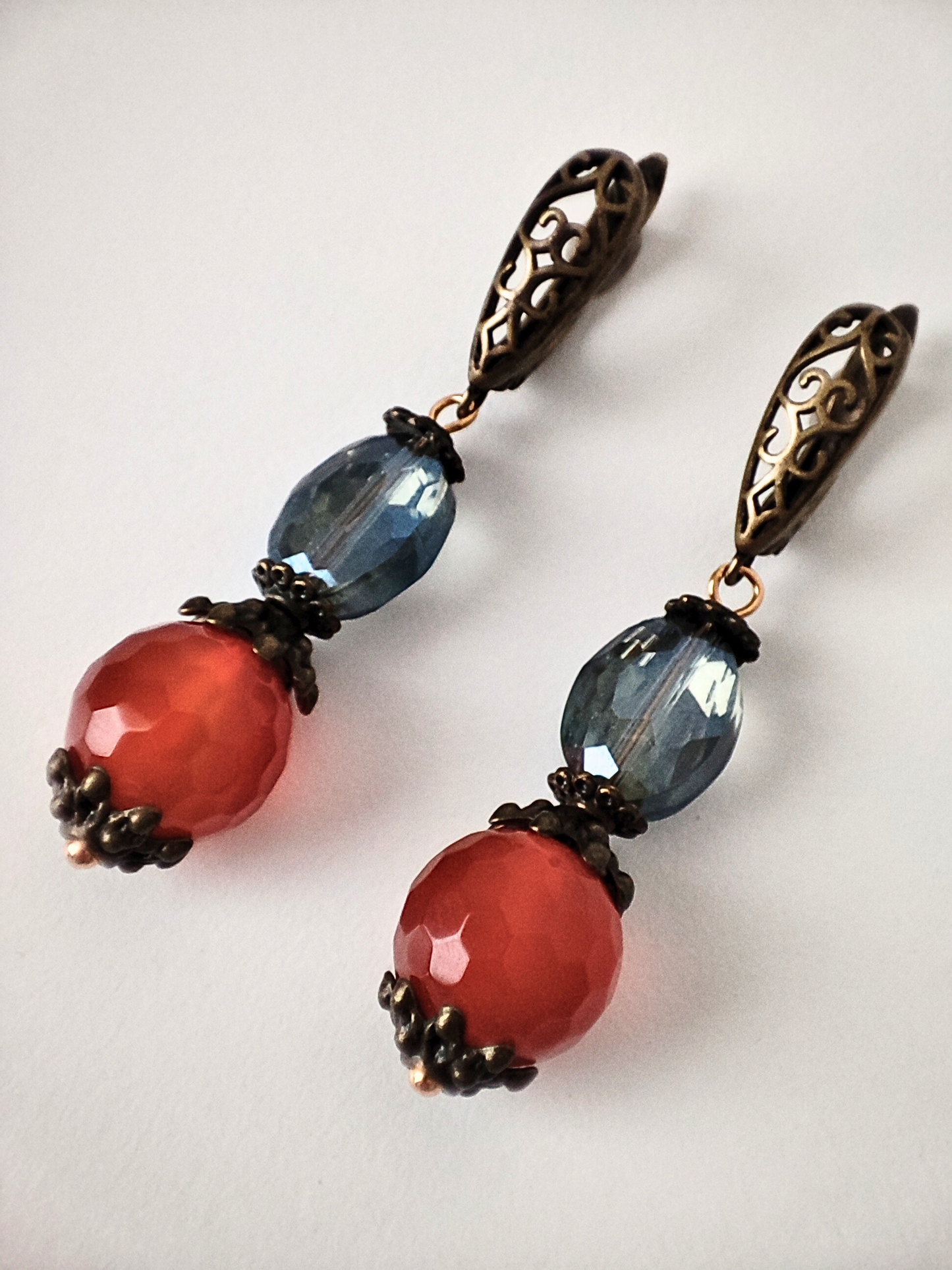 Handcrafted Necklace and Earrings Set with Faceted Agates, Ceramic, Crystal Glass, Antique Bronze. Unique Jewelry