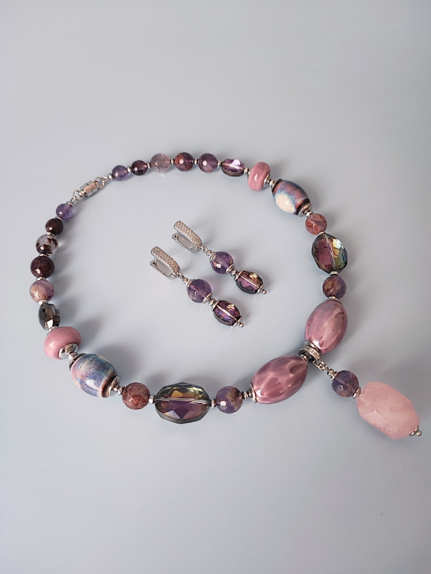 Elegant Necklace and Earrings Set with Rose Quartz, Purple Lodolite Quartz, Ceramic Beads, Hematite, and Crystal Glass