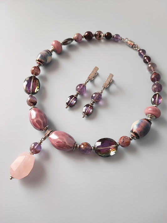 Elegant Necklace and Earrings Set with Rose Quartz, Purple Lodolite Quartz, Ceramic Beads, Hematite, and Crystal Glass