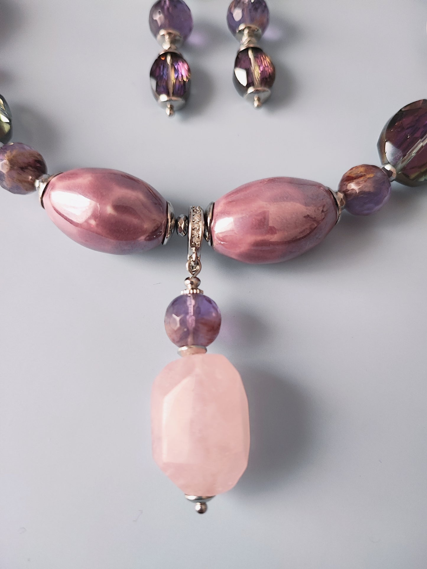 Elegant Necklace and Earrings Set with Rose Quartz, Purple Lodolite Quartz, Ceramic Beads, Hematite, and Crystal Glass