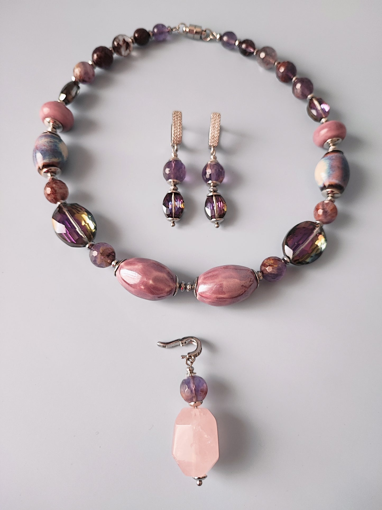 Elegant Necklace and Earrings Set with Rose Quartz, Purple Lodolite Quartz, Ceramic Beads, Hematite, and Crystal Glass