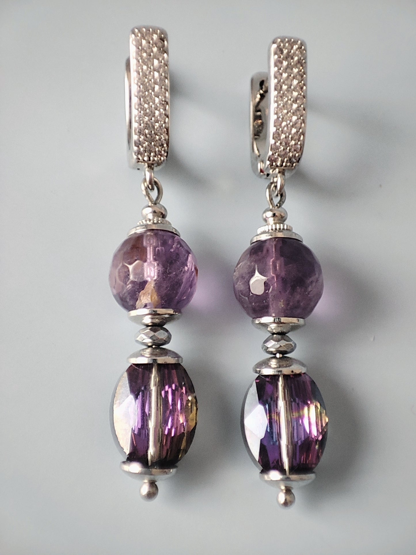 Elegant Necklace and Earrings Set with Rose Quartz, Purple Lodolite Quartz, Ceramic Beads, Hematite, and Crystal Glass