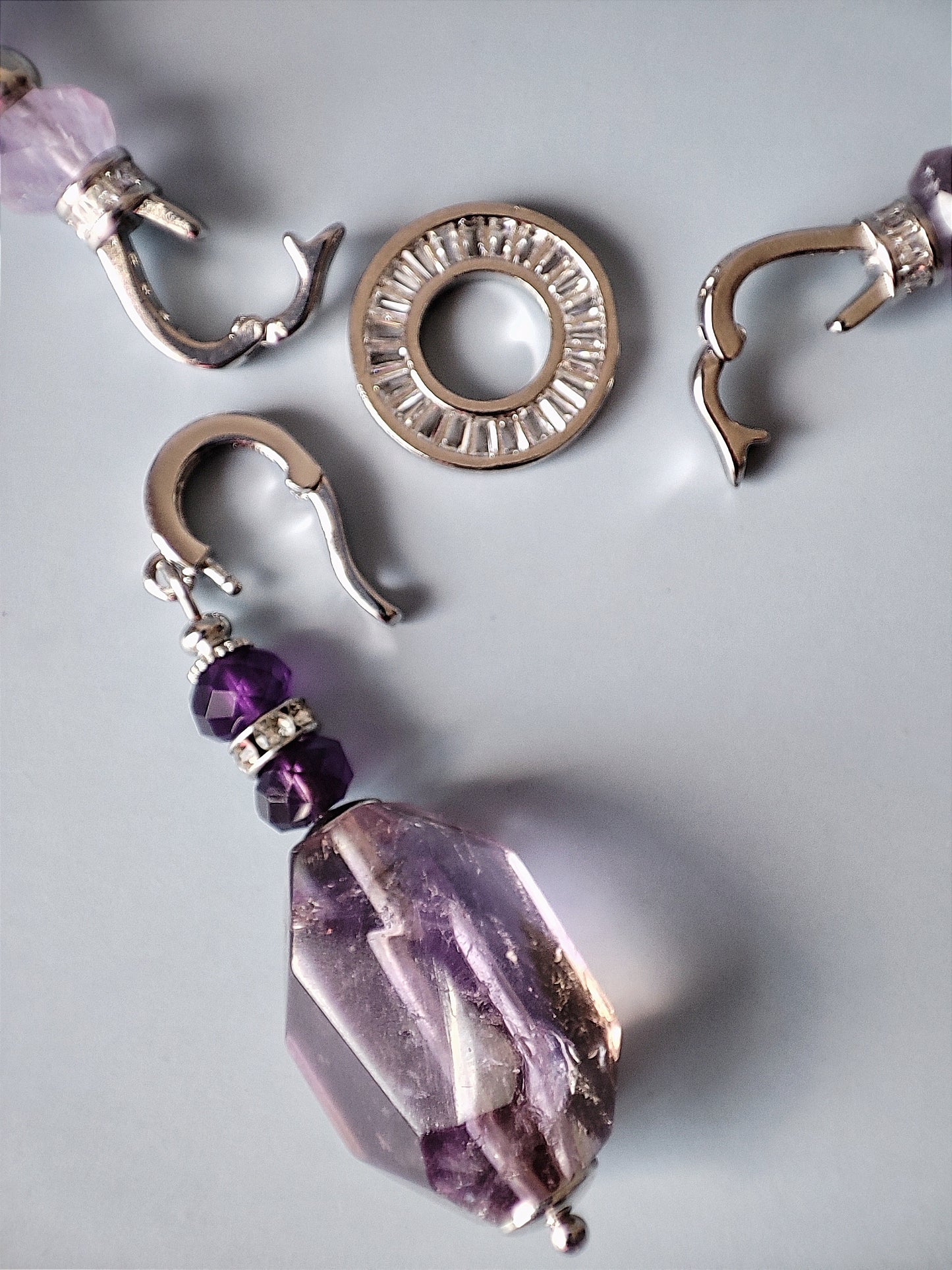 Elegant Rhodium-Plated Necklace & Earrings Set with Natural Amethyst and Beads with Zircon  - Unique Handmade Jewelry