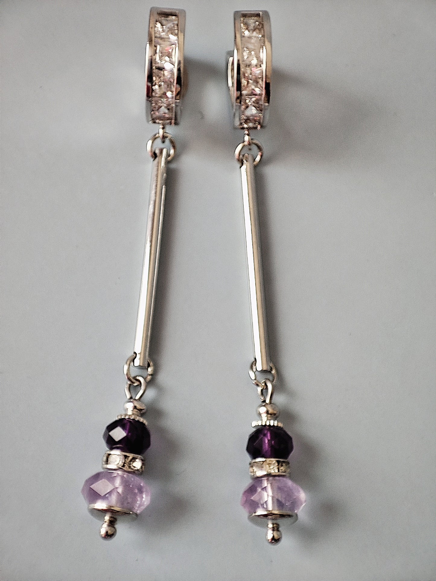 Elegant Rhodium-Plated Necklace & Earrings Set with Natural Amethyst and Beads with Zircon  - Unique Handmade Jewelry