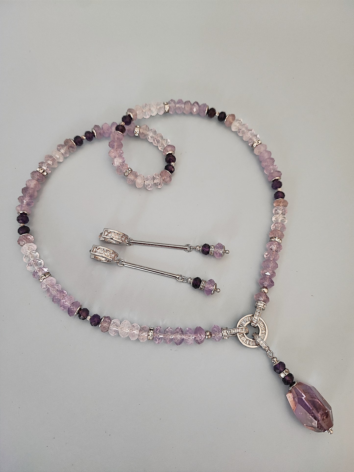 Elegant Rhodium-Plated Necklace & Earrings Set with Natural Amethyst and Beads with Zircon  - Unique Handmade Jewelry