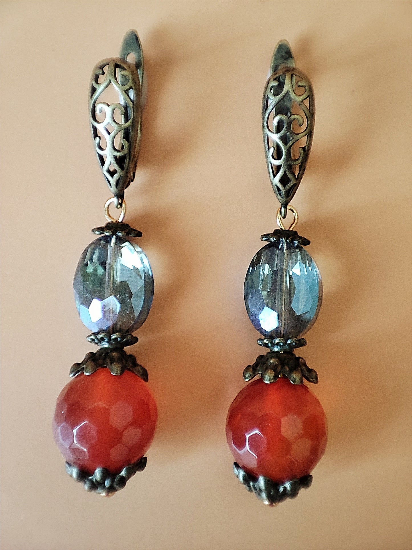 Handcrafted Necklace and Earrings Set with Faceted Agates, Ceramic, Crystal Glass, Antique Bronze. Unique Jewelry