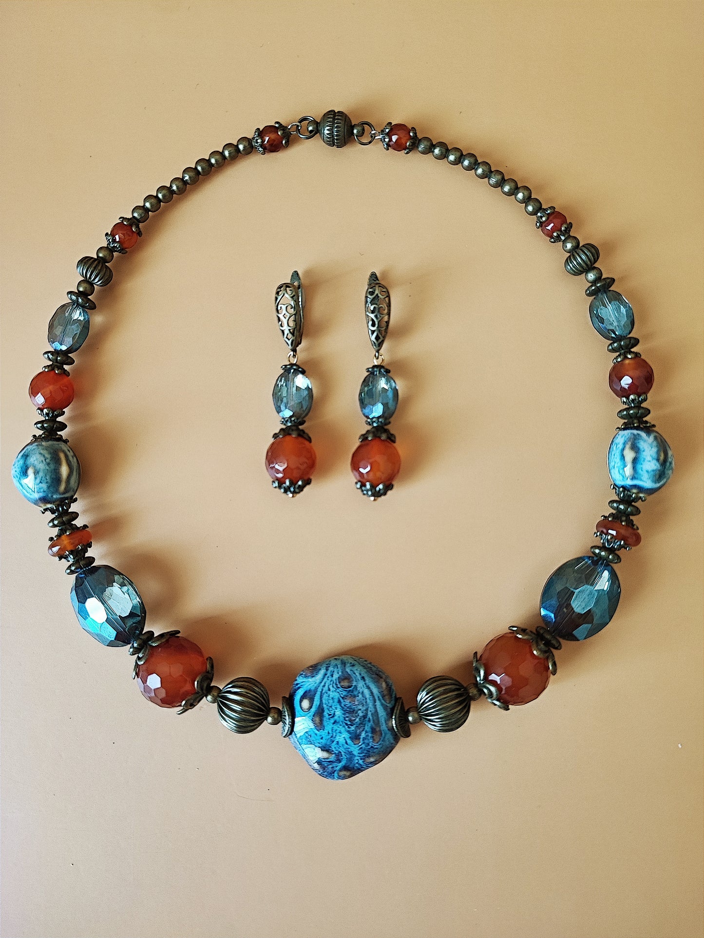 Handcrafted Necklace and Earrings Set with Faceted Agates, Ceramic, Crystal Glass, Antique Bronze. Unique Jewelry