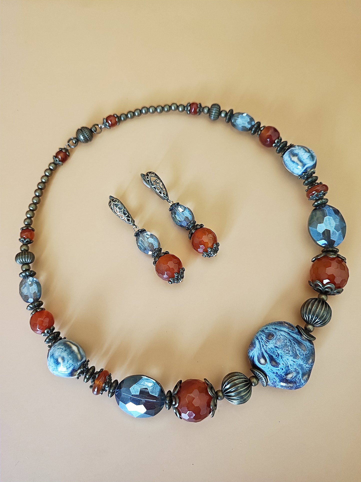 Handcrafted Necklace and Earrings Set with Faceted Agates, Ceramic, Crystal Glass, Antique Bronze. Unique Jewelry