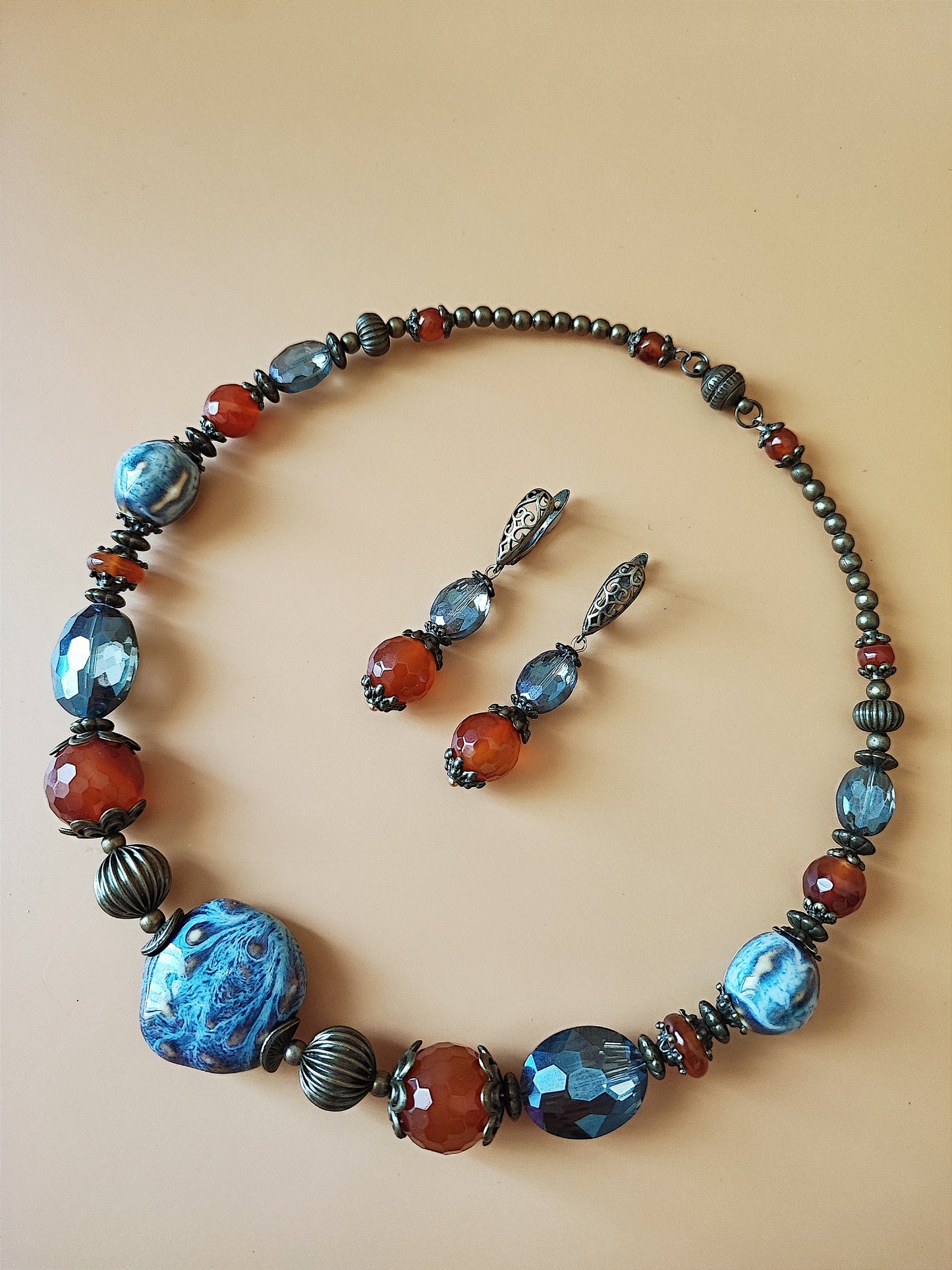 Handcrafted Necklace and Earrings Set with Faceted Agates, Ceramic, Crystal Glass, Antique Bronze. Unique Jewelry