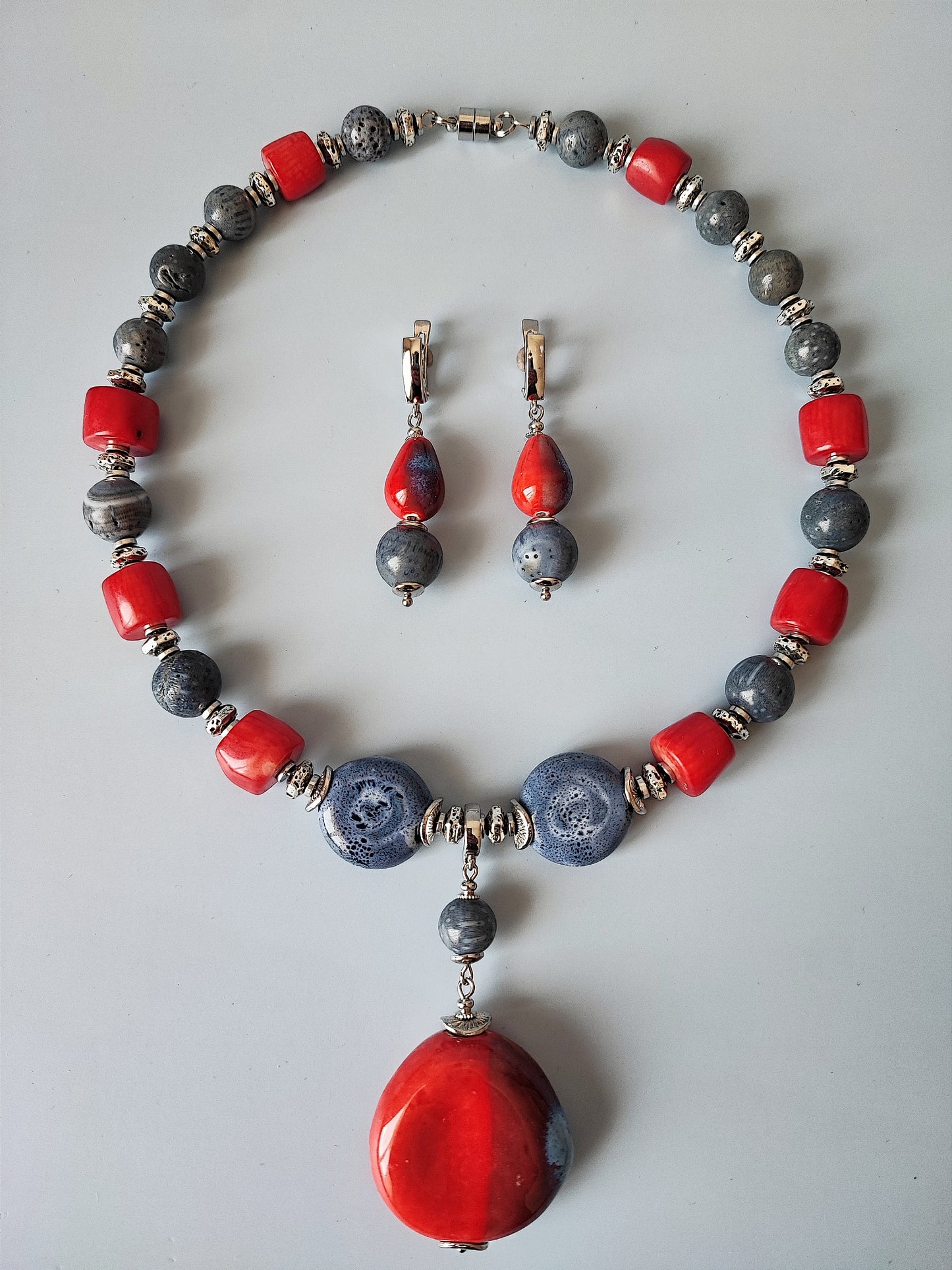 Handcrafted Necklace and Earrings Set with Natural Blue and Red Coral, Ceramic Beads, Hematite, Rhodium Plated Copper, Unique Jewelry