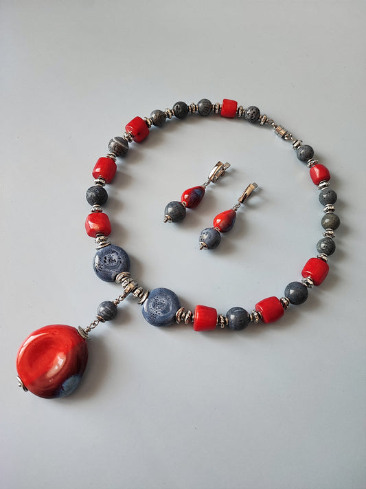 Handcrafted Necklace and Earrings Set with Natural Blue and Red Coral, Ceramic Beads, Hematite, Rhodium Plated Copper, Unique Jewelry