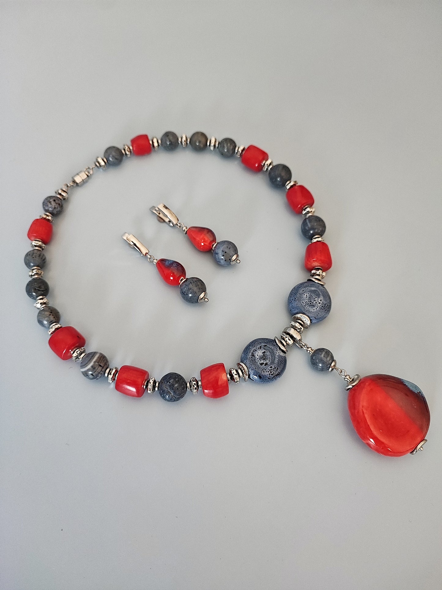 Handcrafted Necklace and Earrings Set with Natural Blue and Red Coral, Ceramic Beads, Hematite, Rhodium Plated Copper, Unique Jewelry