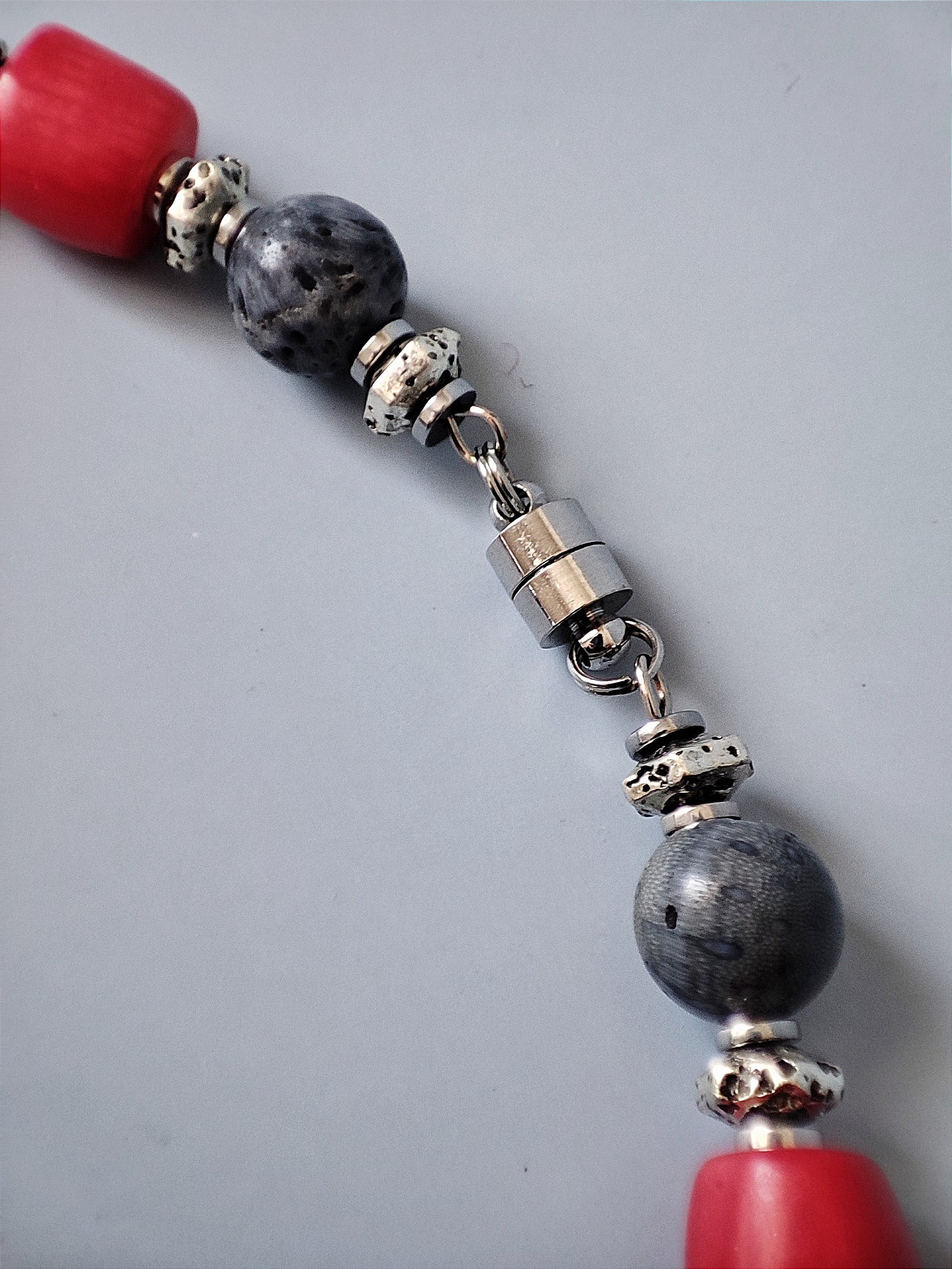 Handcrafted Necklace and Earrings Set with Natural Blue and Red Coral, Ceramic Beads, Hematite, Rhodium Plated Copper, Unique Jewelry