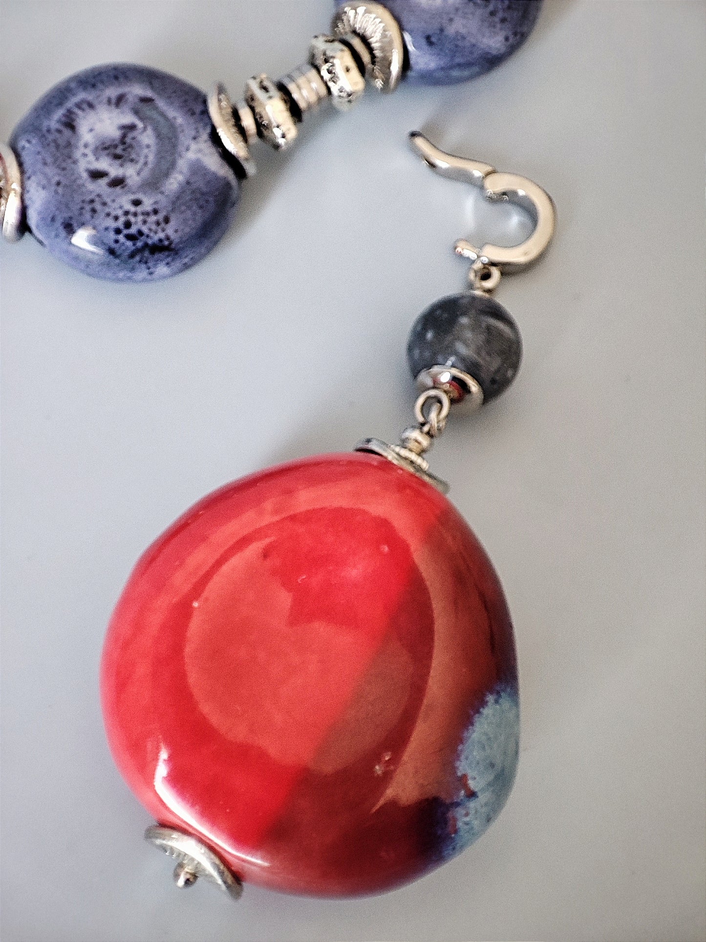 Handcrafted Necklace and Earrings Set with Natural Blue and Red Coral, Ceramic Beads, Hematite, Rhodium Plated Copper, Unique Jewelry