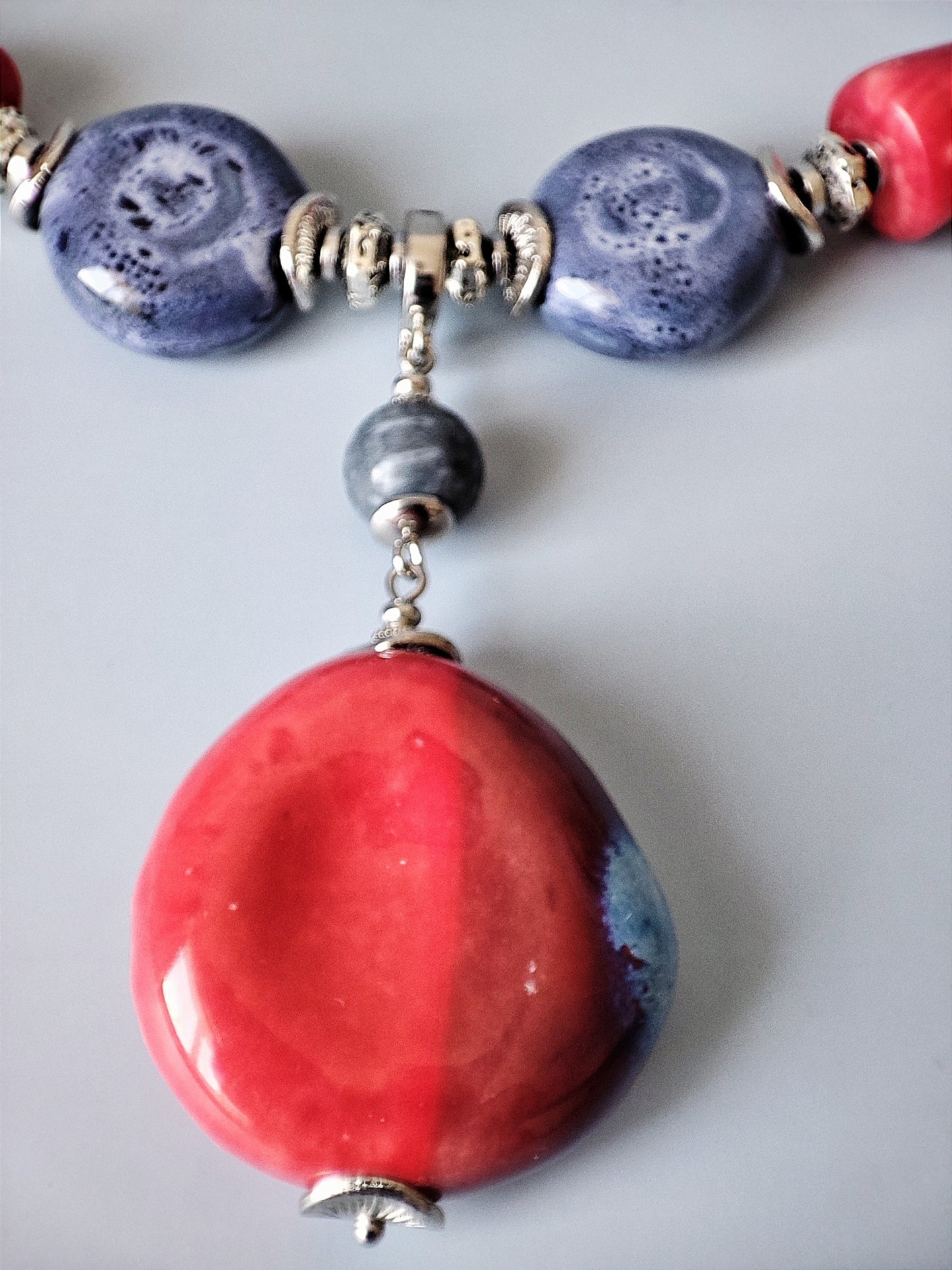 Handcrafted Necklace and Earrings Set with Natural Blue and Red Coral, Ceramic Beads, Hematite, Rhodium Plated Copper, Unique Jewelry