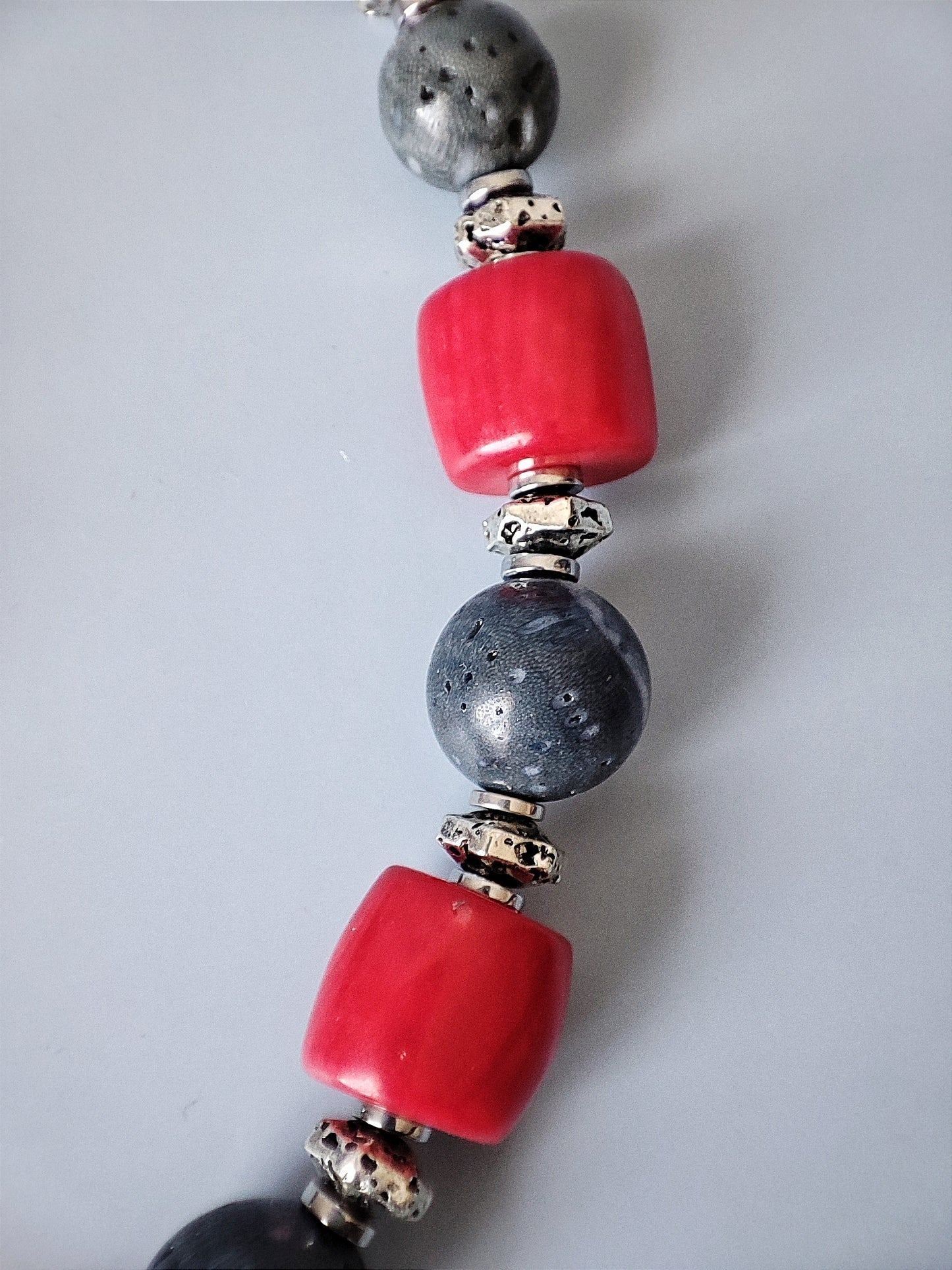 Handcrafted Necklace and Earrings Set with Natural Blue and Red Coral, Ceramic Beads, Hematite, Rhodium Plated Copper, Unique Jewelry