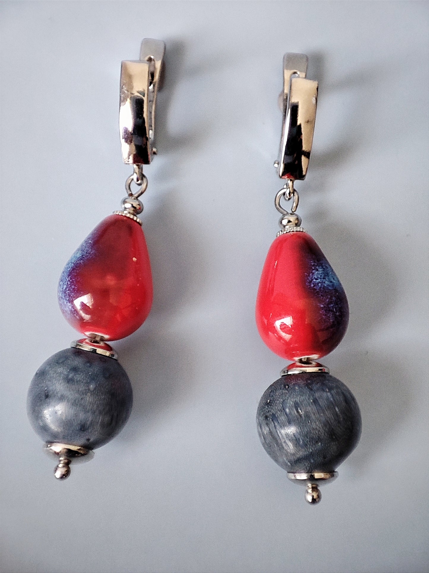 Handcrafted Necklace and Earrings Set with Natural Blue and Red Coral, Ceramic Beads, Hematite, Rhodium Plated Copper, Unique Jewelry