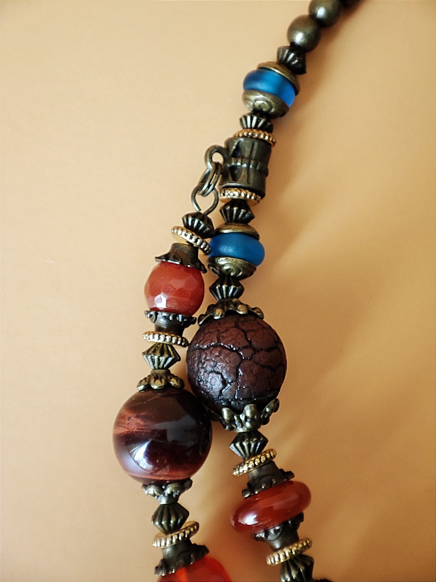 Agate & Tiger's Eye Necklace and Earrings Set - Antique Bronze, Lampwork Glass, Ceramic Beads, Unique Statement Jewelry