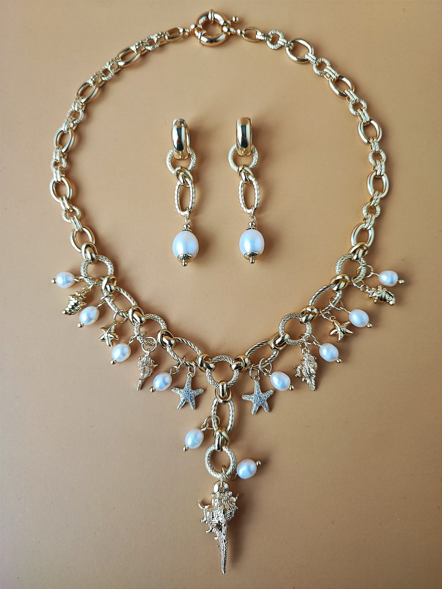 Elegant 24K Gold-Plated Brass Necklace and Earrings Set with Natural Pearl and Zircon Charms