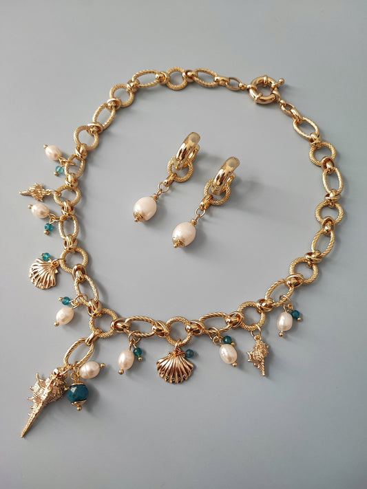 Elegant 24K Gold Plated Brass Necklace and Earrings Set with Natural Pearls and Faceted Apatite