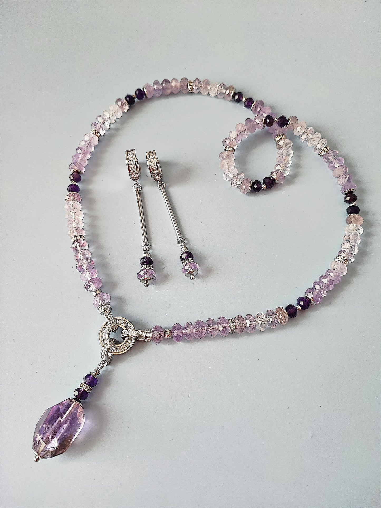 Elegant Rhodium-Plated Necklace & Earrings Set with Natural Amethyst and Beads with Zircon  - Unique Handmade Jewelry