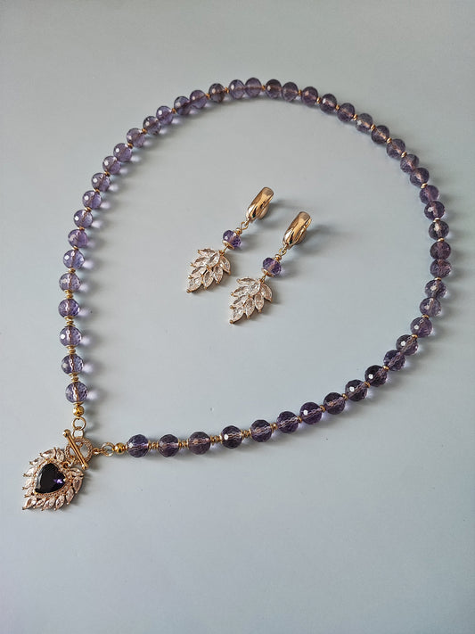 Luxurious 24K Gold Plated Necklace & Earrings Set with Natural Faceted Amethyst and Sparkling Cubic Zirconia - Perfect Gift for Her