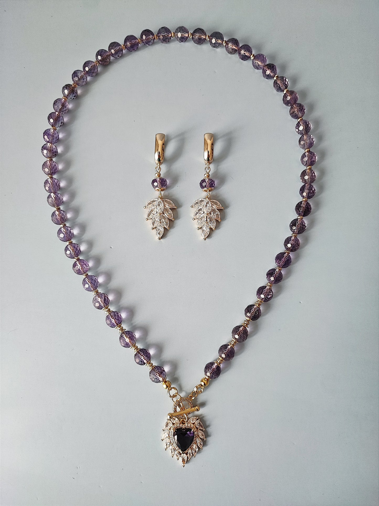 Luxurious 24K Gold Plated Necklace & Earrings Set with Natural Faceted Amethyst and Sparkling Cubic Zirconia - Perfect Gift for Her