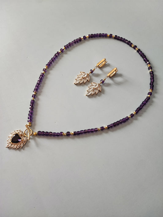 Elegant 24K Gold Plated Necklace & Earrings Set with Natural Amethyst Beads and Cubic Zirconia - Perfect Gift for Her