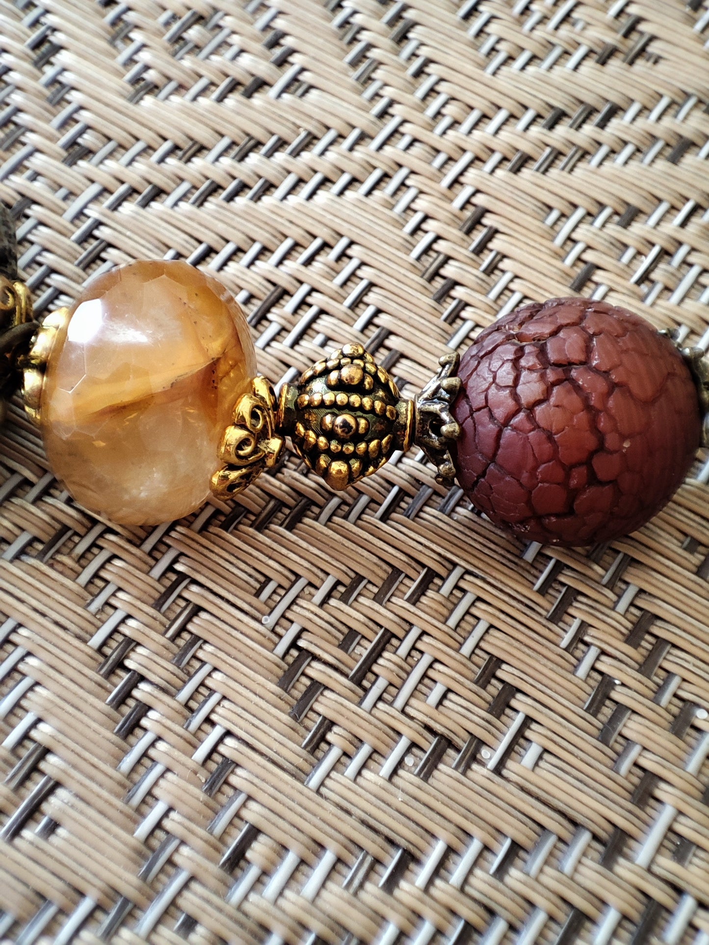 Boho Choker Necklace with Golden Quartz, Dream Lace Agate, Chrysanthemum Stone, and Antique Bronze Elements - Vintage Statement Jewelry