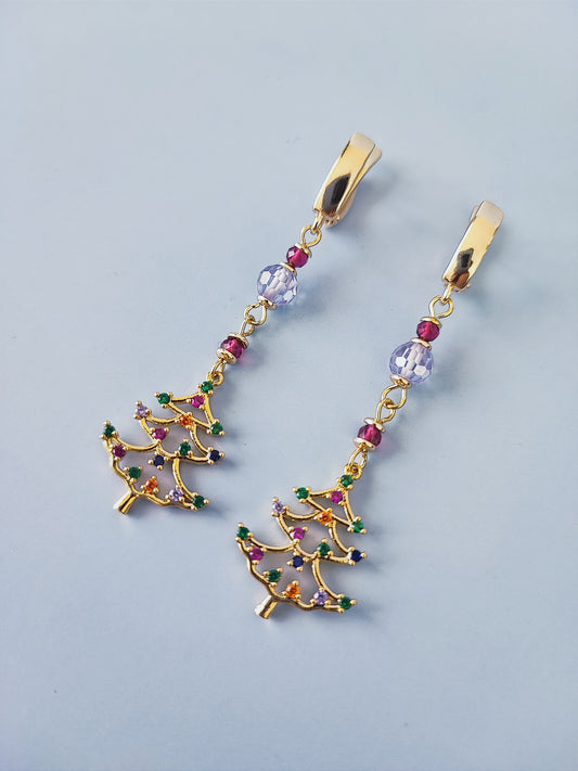 18K Gold-Plated Christmas Tree Dangle Earrings with Cubic Zirconia - Festive Holiday Jewelry