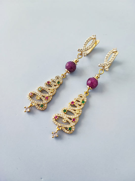 18K Gold-Plated Christmas Tree Dangle Earrings with Natural Ruby and Cubic Zirconia - Elegant Holiday Jewelry