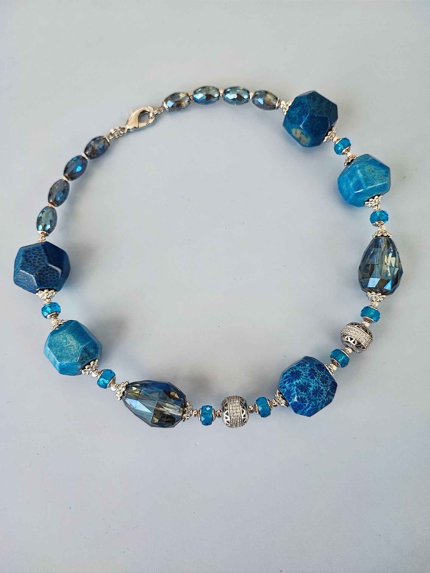 Elegant Blue Choker Necklace with Ocean Agate, Chrysanthemum Stone, and Crystal Glass - Rhodium-Plated Premium Jewelry