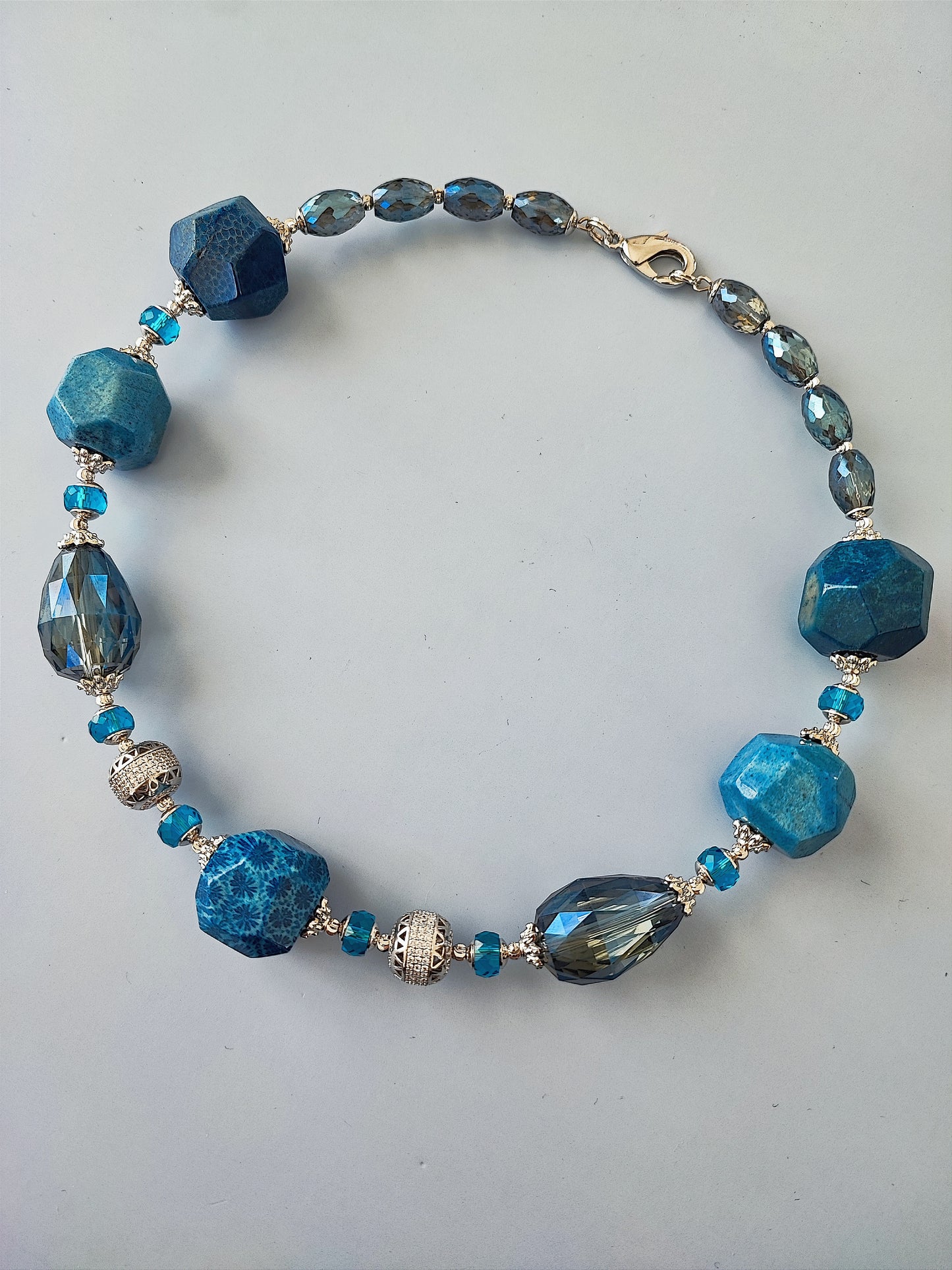 Elegant Blue Choker Necklace with Ocean Agate, Chrysanthemum Stone, and Crystal Glass - Rhodium-Plated Premium Jewelry