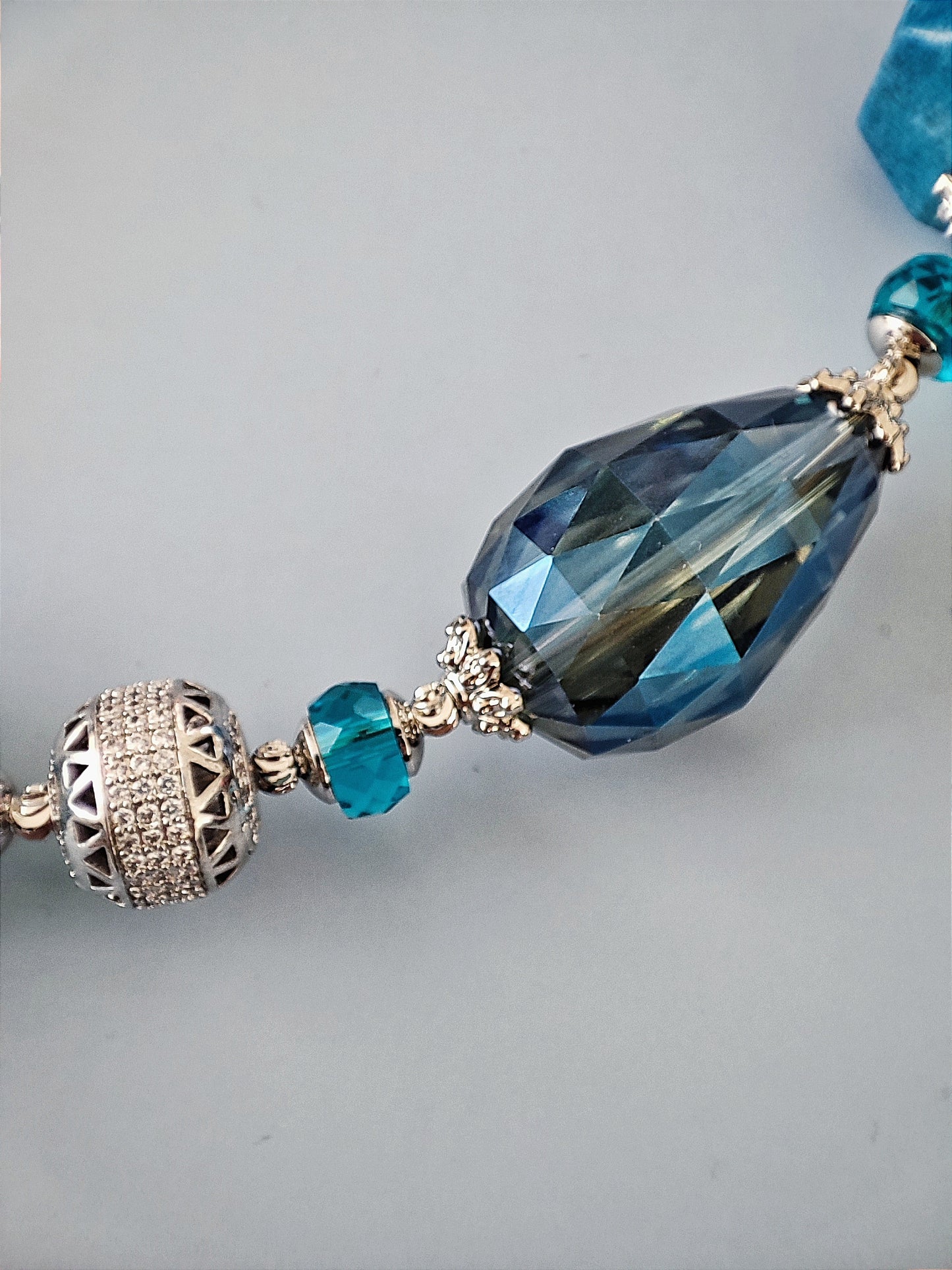 Elegant Blue Choker Necklace with Ocean Agate, Chrysanthemum Stone, and Crystal Glass - Rhodium-Plated Premium Jewelry