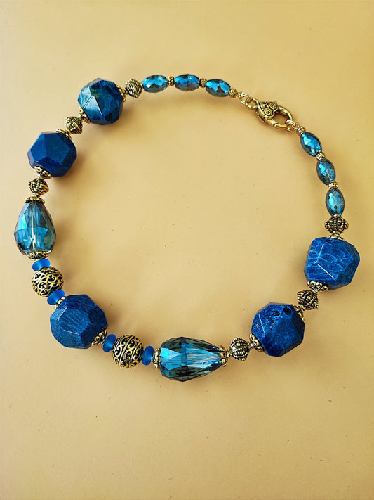 Bold Blue Choker Necklace with Faceted Chrysanthemum Stone and Crystal Glass - Antique Gold Jewelry