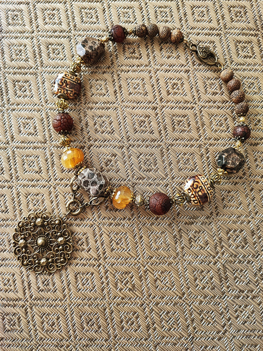 Boho Choker Necklace with Golden Quartz, Dream Lace Agate, Chrysanthemum Stone, and Antique Bronze Elements - Vintage Statement Jewelry