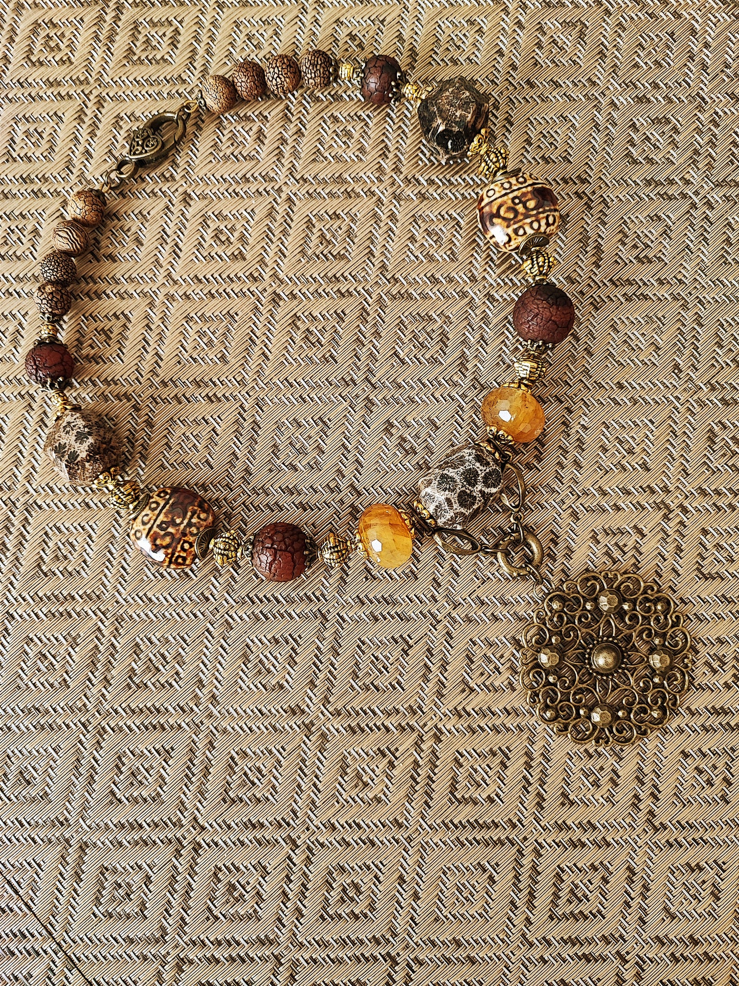 Boho Choker Necklace with Golden Quartz, Dream Lace Agate, Chrysanthemum Stone, and Antique Bronze Elements - Vintage Statement Jewelry