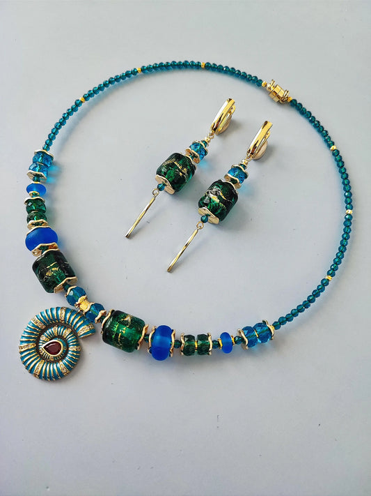 18K Gold-Plated Choker Necklace and Earrings Set with Lampwork Glass, Micro Pave CZ, and Crystal Glass - Unique Ocean-Inspired Jewelry