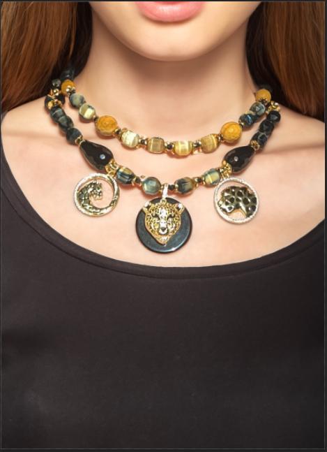 Luxury Statement Necklace with Tiger’s Eye, Mookaite, and Agate Beads - 18K Gold-Plated Premium Fittings - Cubic Zirconia Leopard Pendant